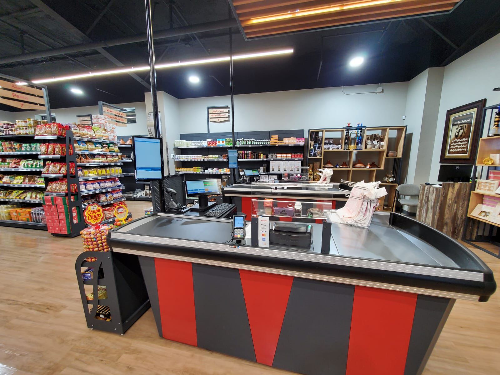 Store checkout counter and stocked shelves